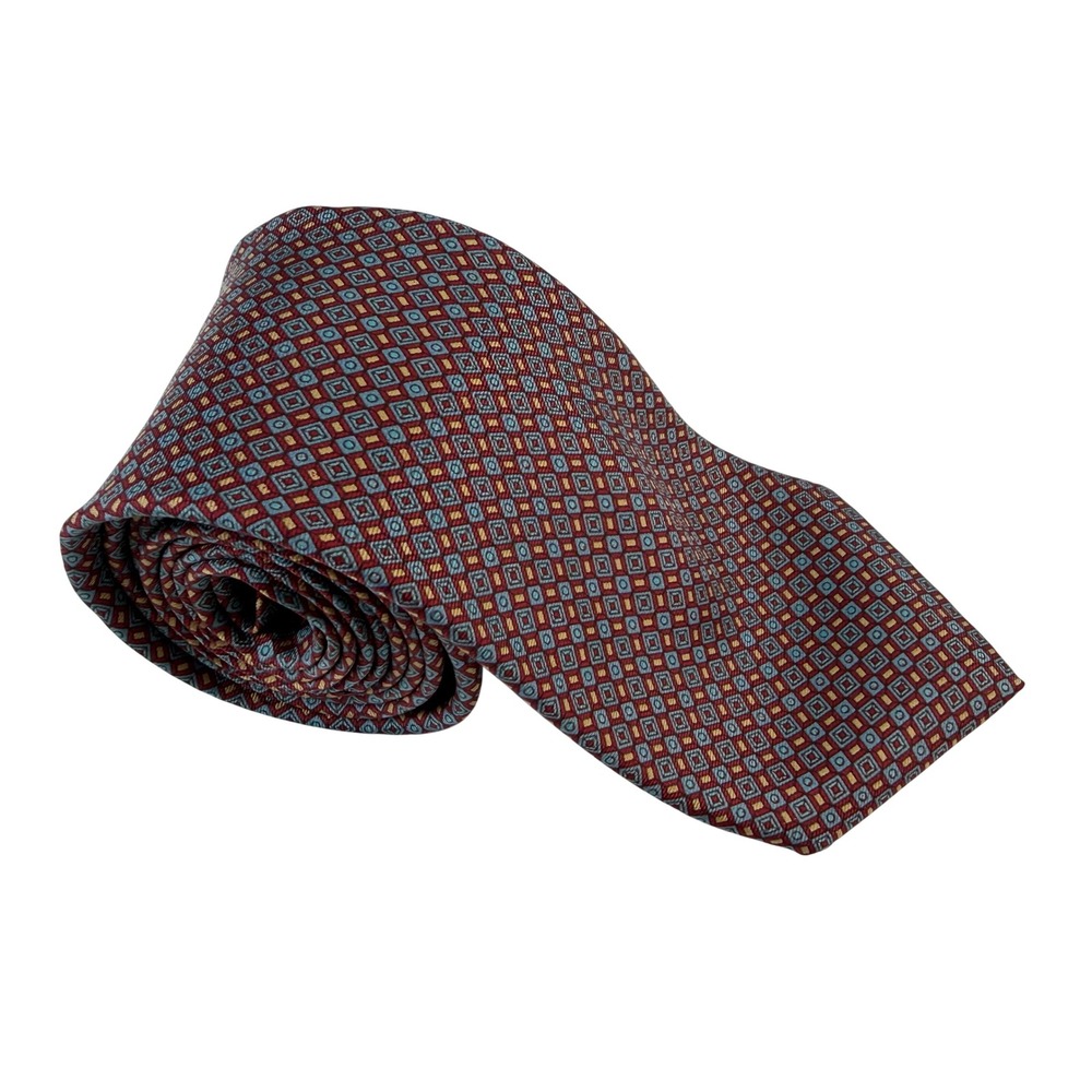John Henry Mens Silk Tie Geometric Diamond Pattern Burgundy Blue Gold USA Made